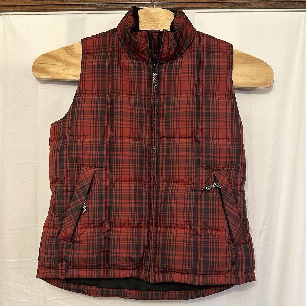 Eddie Bauer Womens Small Puffer Vest Weatheredge Red Plaid Goose Down Full Zip